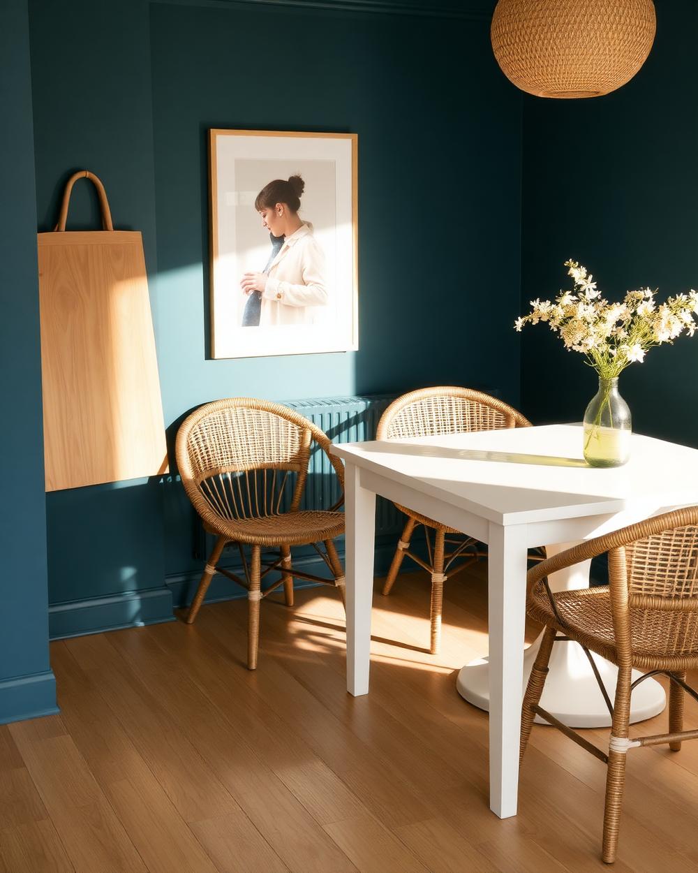 Sala com parede azul profundo e madeira