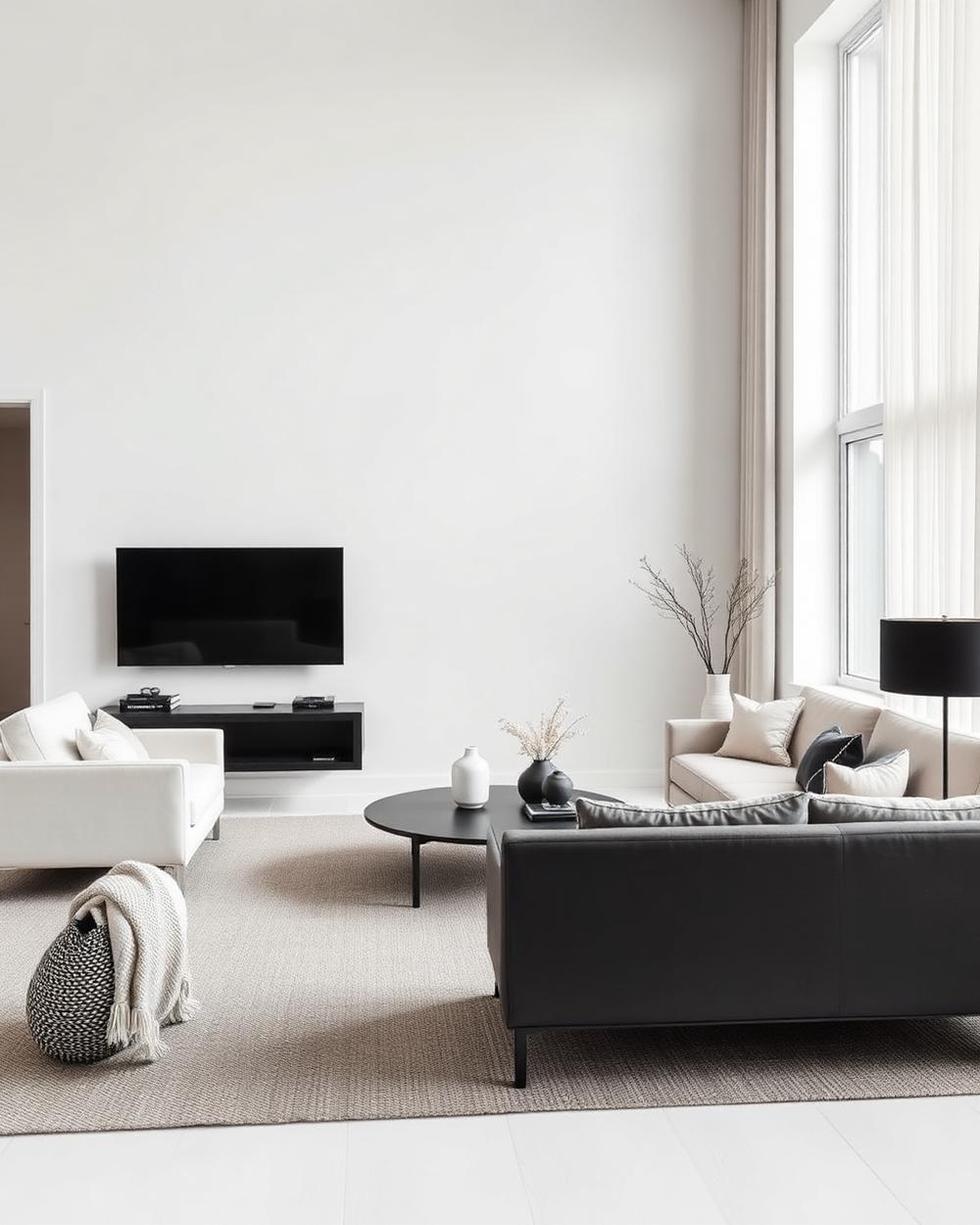 Sala impessoal em branco, cinza e preto